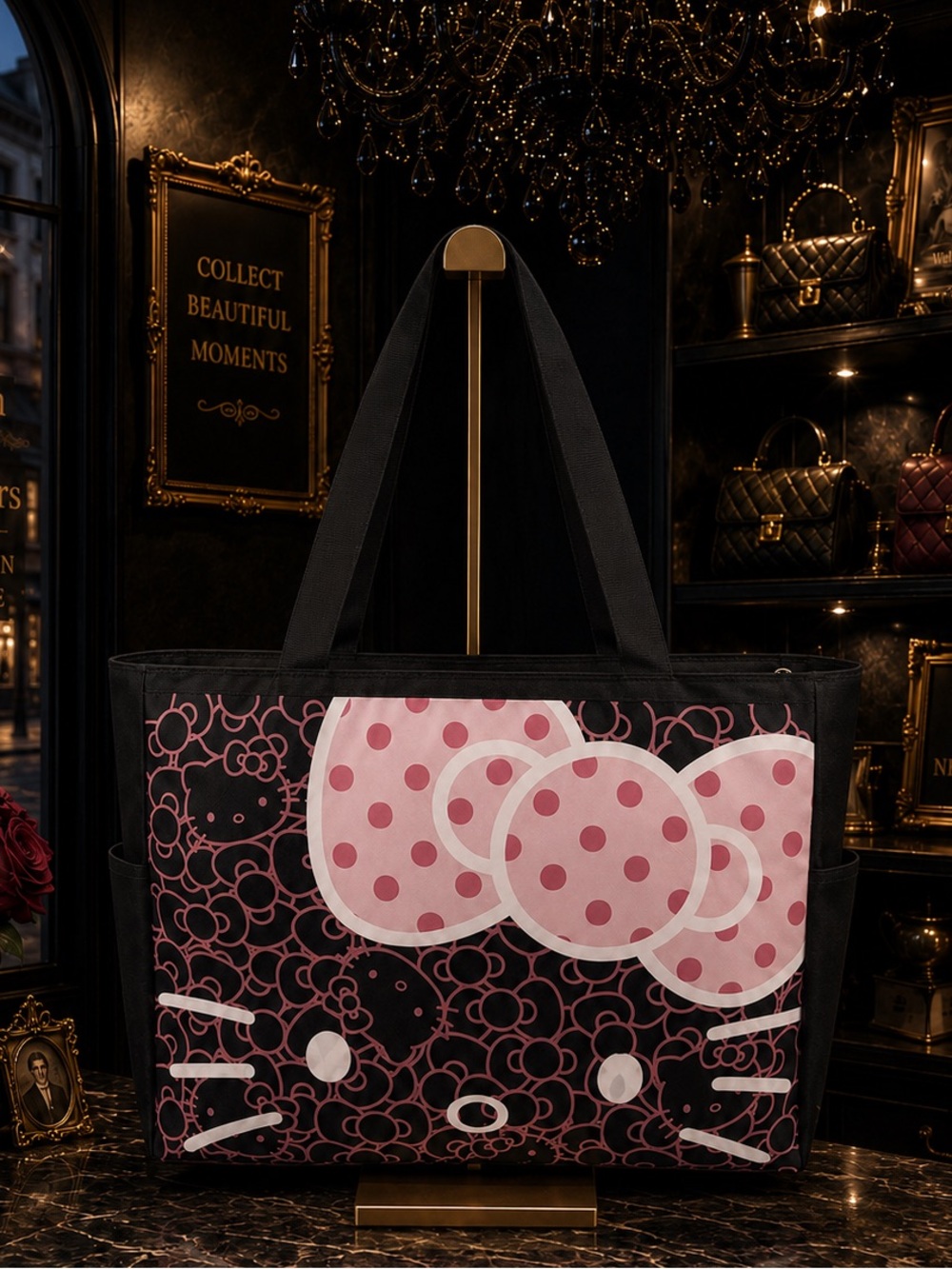 Hello Kitty Extra Large Canvas Tote Shoulder Bag Pink Black White NWT